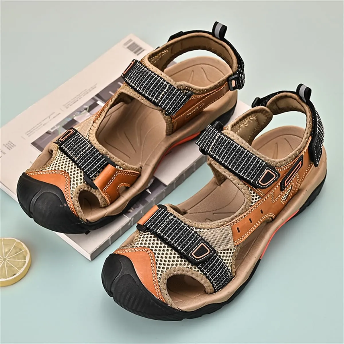 Mens Leather Outdoor Hiking Sandals Waterproof Lightweight Athletic Sports Sandals Adjustable Fisherman Beach Shoes Closed Toe Water