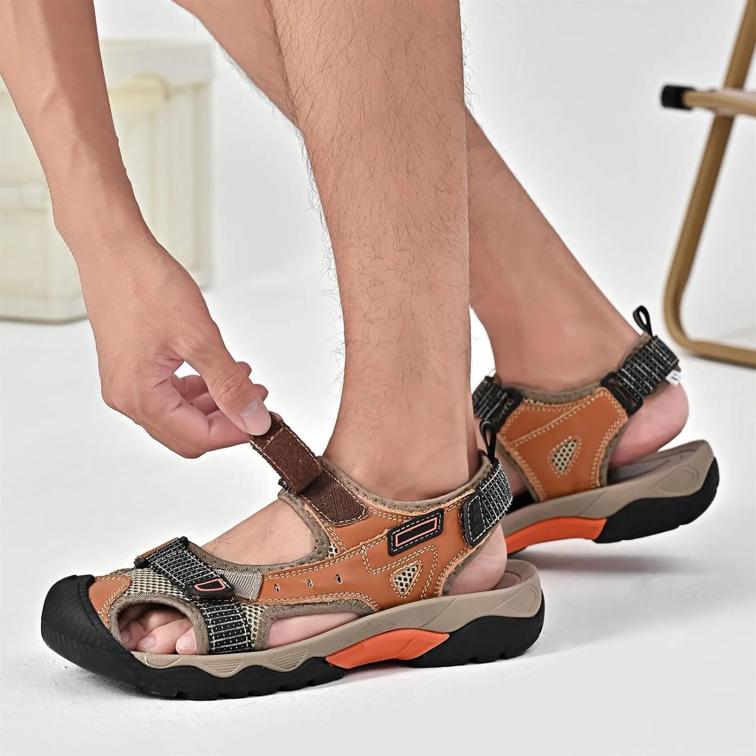 Mens Leather Outdoor Hiking Sandals Waterproof Lightweight Athletic Sports Sandals Adjustable Fisherman Beach Shoes Closed Toe Water