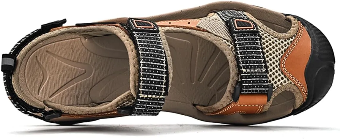 Mens Leather Outdoor Hiking Sandals Waterproof Lightweight Athletic Sports Sandals Adjustable Fisherman Beach Shoes Closed Toe Water