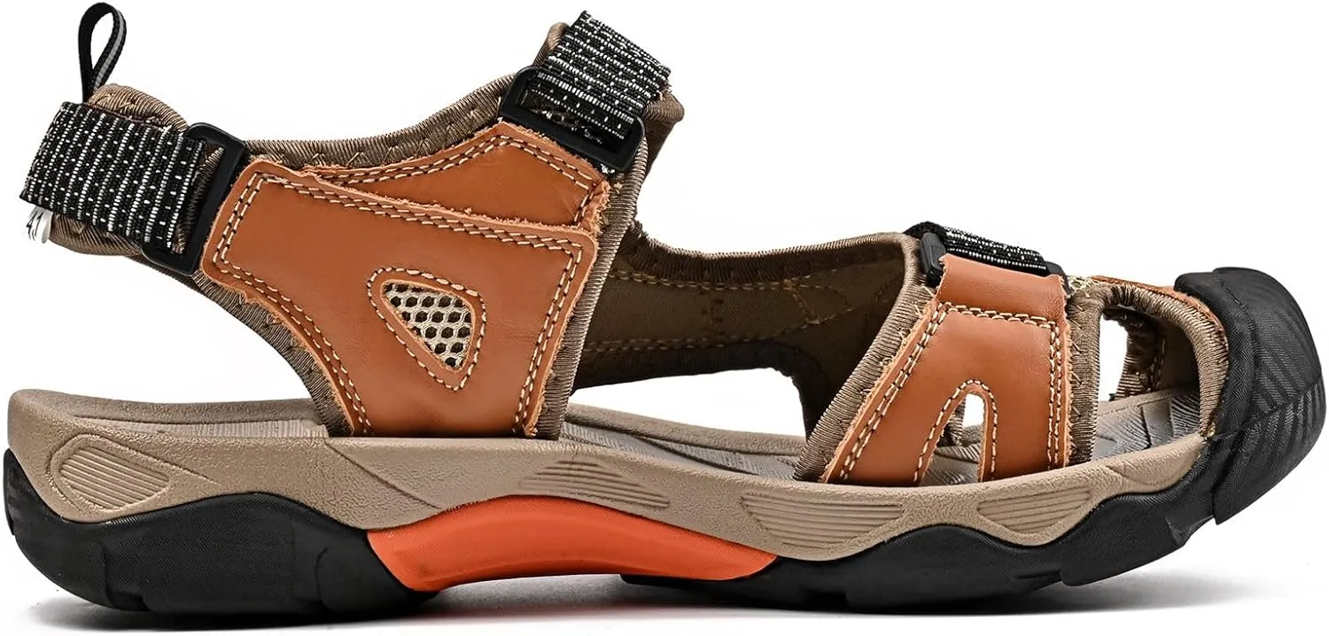 Mens Leather Outdoor Hiking Sandals Waterproof Lightweight Athletic Sports Sandals Adjustable Fisherman Beach Shoes Closed Toe Water