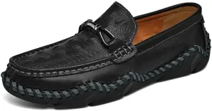 Men's Loafers Round Toe Crocodile Print Leather Loafer Shoes Anti-Slip Comfortable Flexible Wedding Slip On