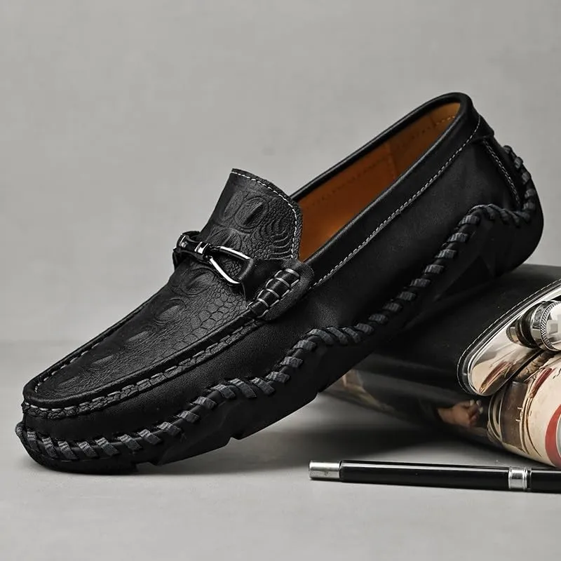 Men's Loafers Round Toe Crocodile Print Leather Loafer Shoes Anti-Slip Comfortable Flexible Wedding Slip On