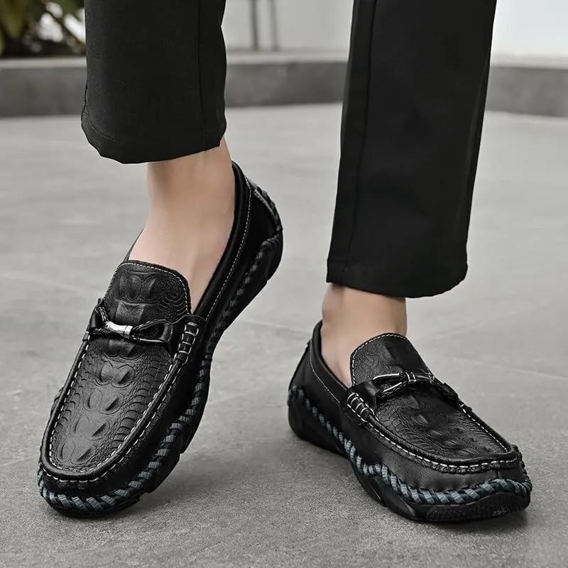 Men's Loafers Round Toe Crocodile Print Leather Loafer Shoes Anti-Slip Comfortable Flexible Wedding Slip On