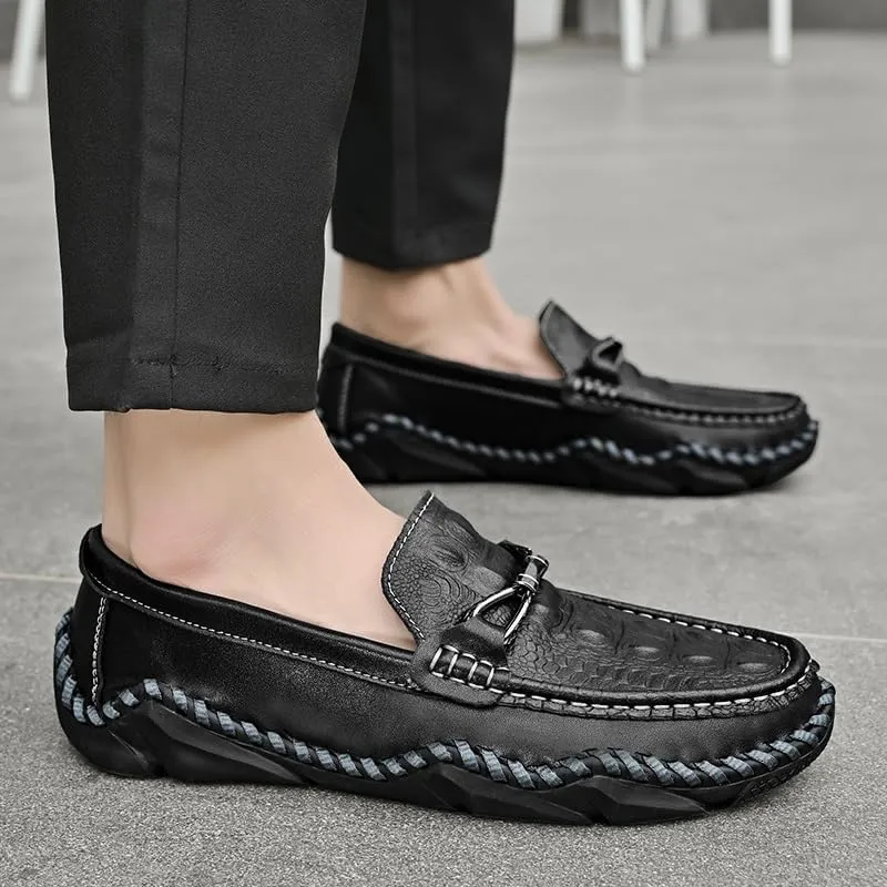 Men's Loafers Round Toe Crocodile Print Leather Loafer Shoes Anti-Slip Comfortable Flexible Wedding Slip On