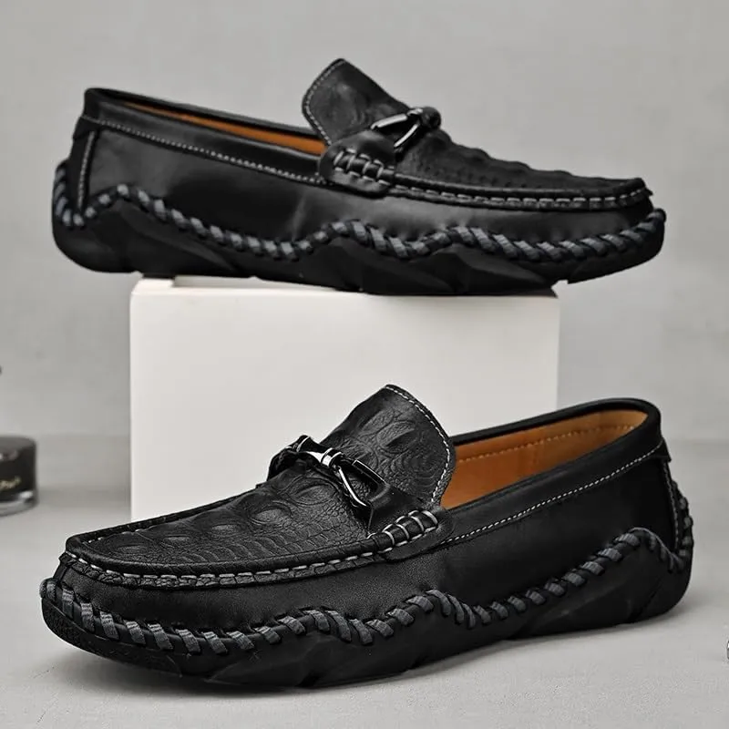 Men's Loafers Round Toe Crocodile Print Leather Loafer Shoes Anti-Slip Comfortable Flexible Wedding Slip On