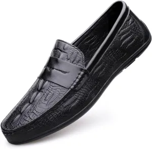 Men's Loafers Round Toe Vegan Leather Crocodile Print Penny Loafers Anti-Slip Lightweight Flexible Outdoor Party Slip On