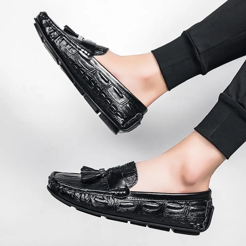 Mens Loafers Square Toe Crocodile Print with Tassel Driving Loafers PU Leather Flexible Lightweight Anti-Slip Prom Slip On