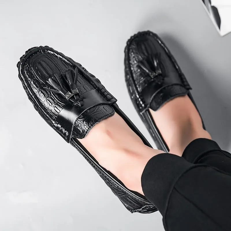 Mens Loafers Square Toe Crocodile Print with Tassel Driving Loafers PU Leather Flexible Lightweight Anti-Slip Prom Slip On