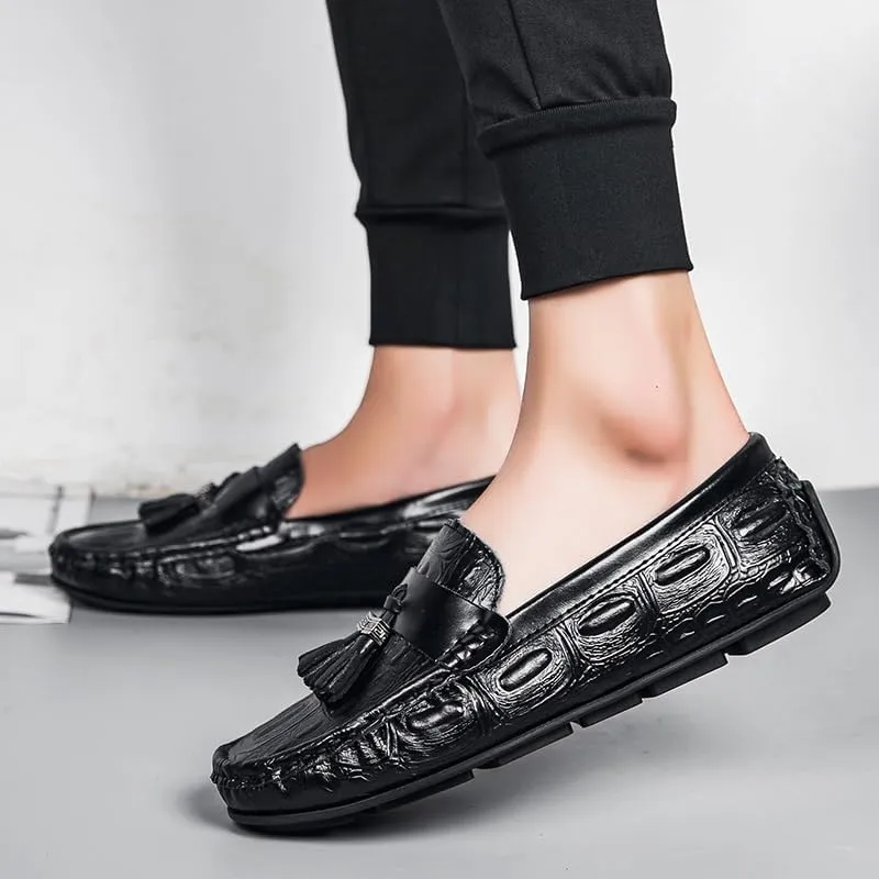 Mens Loafers Square Toe Crocodile Print with Tassel Driving Loafers PU Leather Flexible Lightweight Anti-Slip Prom Slip On