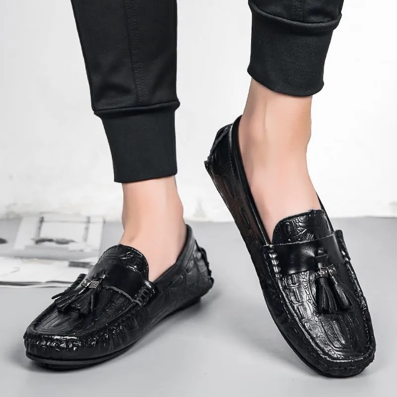 Mens Loafers Square Toe Crocodile Print with Tassel Driving Loafers PU Leather Flexible Lightweight Anti-Slip Prom Slip On