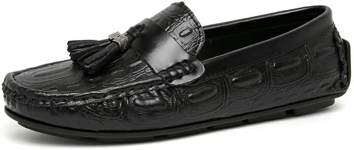 Mens Loafers Square Toe Crocodile Print with Tassel Driving Loafers PU Leather Flexible Lightweight Anti-Slip Prom Slip On