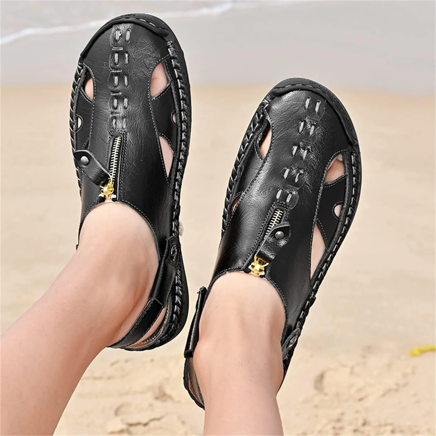 Men's Outdoor Sandals Breathable Summer Beach Shoes Closed Toe Hiking Fisherman Non-Slip Comfortable Casual Leather Sandals