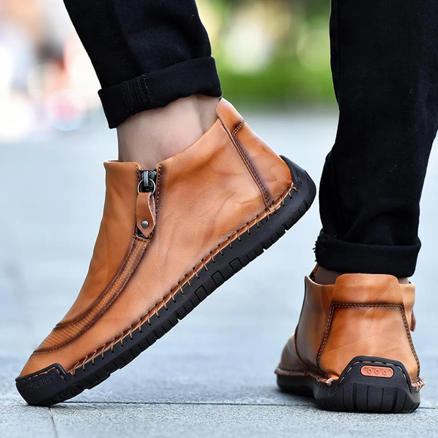 Men's Outdoors Leather Driving Classic Handmade Mid-Top Ankle Casual Comfortable Walking Loafers Slip on Shoes