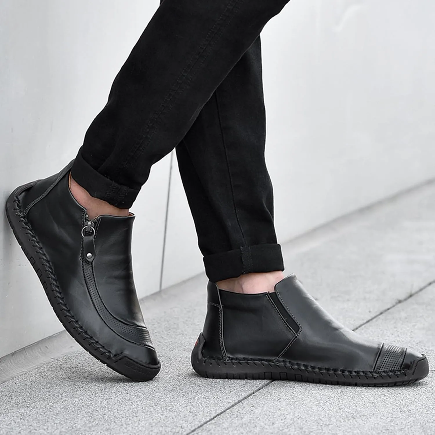 Men's Outdoors Leather Driving Classic Handmade Mid-Top Ankle Casual Comfortable Walking Loafers Slip on Shoes