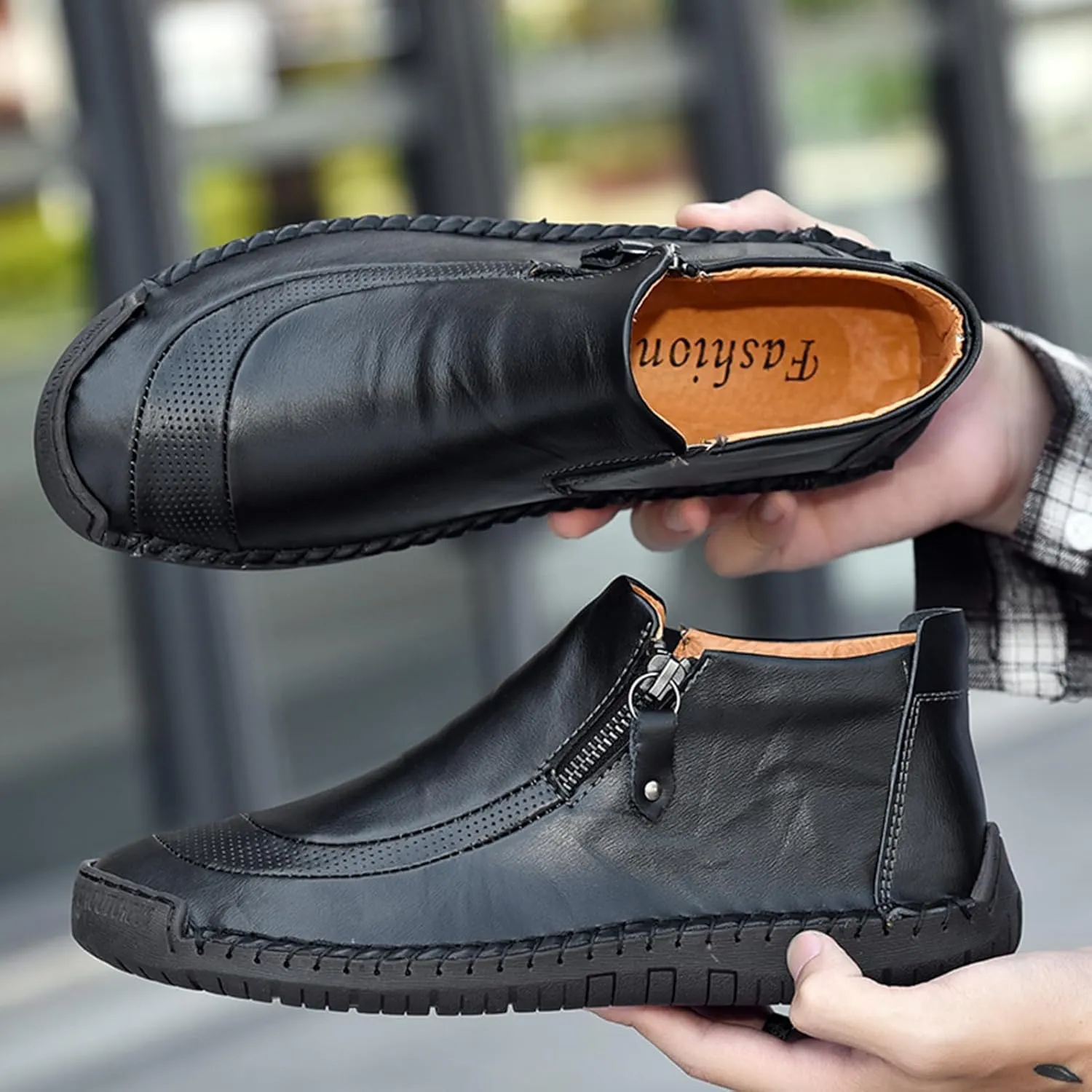 Men's Outdoors Leather Driving Classic Handmade Mid-Top Ankle Casual Comfortable Walking Loafers Slip on Shoes