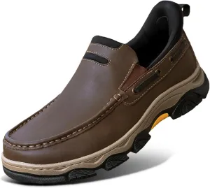 Men's Slip On Hands Free Leather Walking Work Loafers Slip-Ins Outdoor Dress Casual Cushioning Shoes