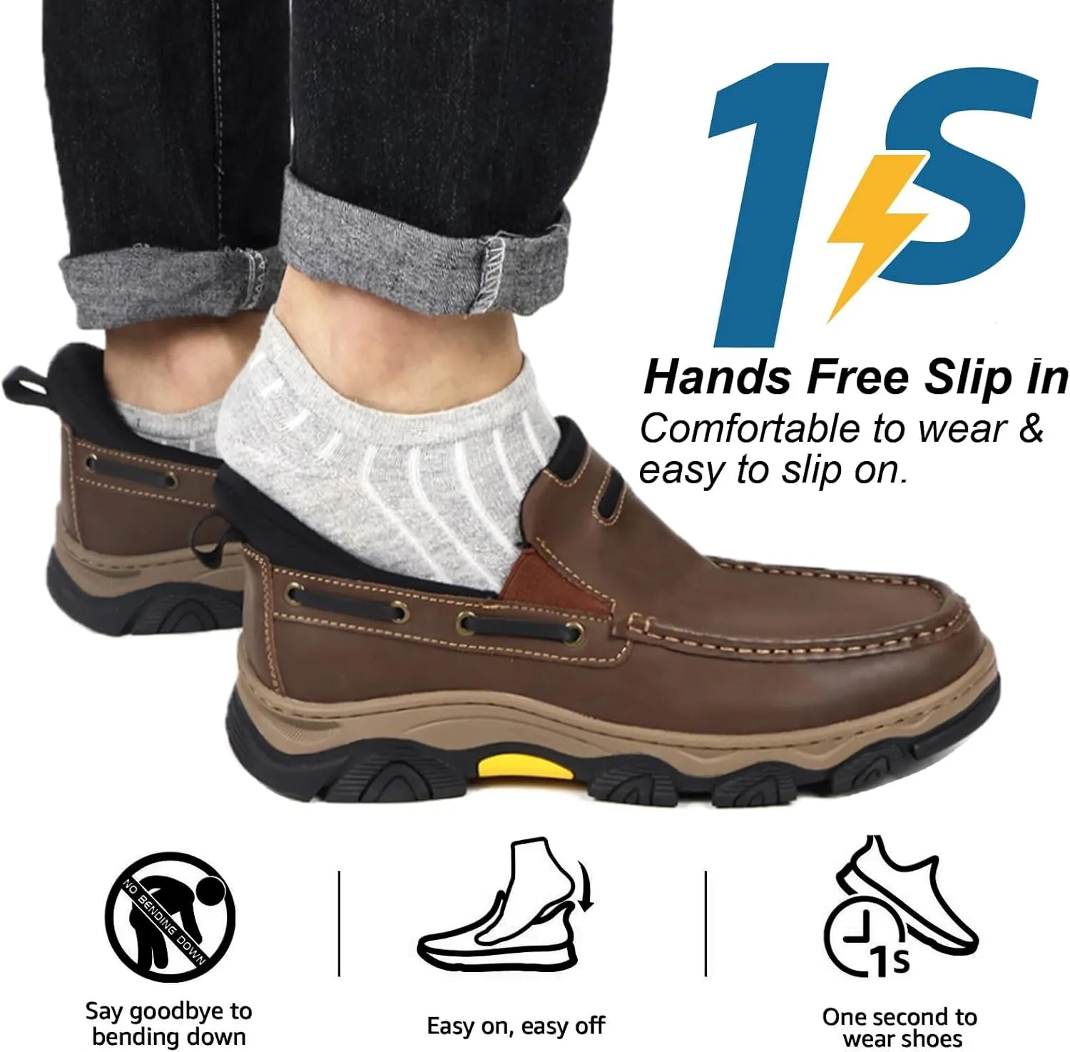 Men's Slip On Hands Free Leather Walking Work Loafers Slip-Ins Outdoor Dress Casual Cushioning Shoes