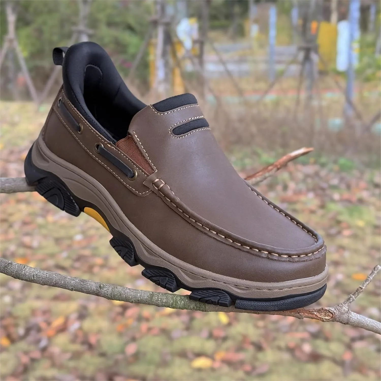 Men's Slip On Hands Free Leather Walking Work Loafers Slip-Ins Outdoor Dress Casual Cushioning Shoes