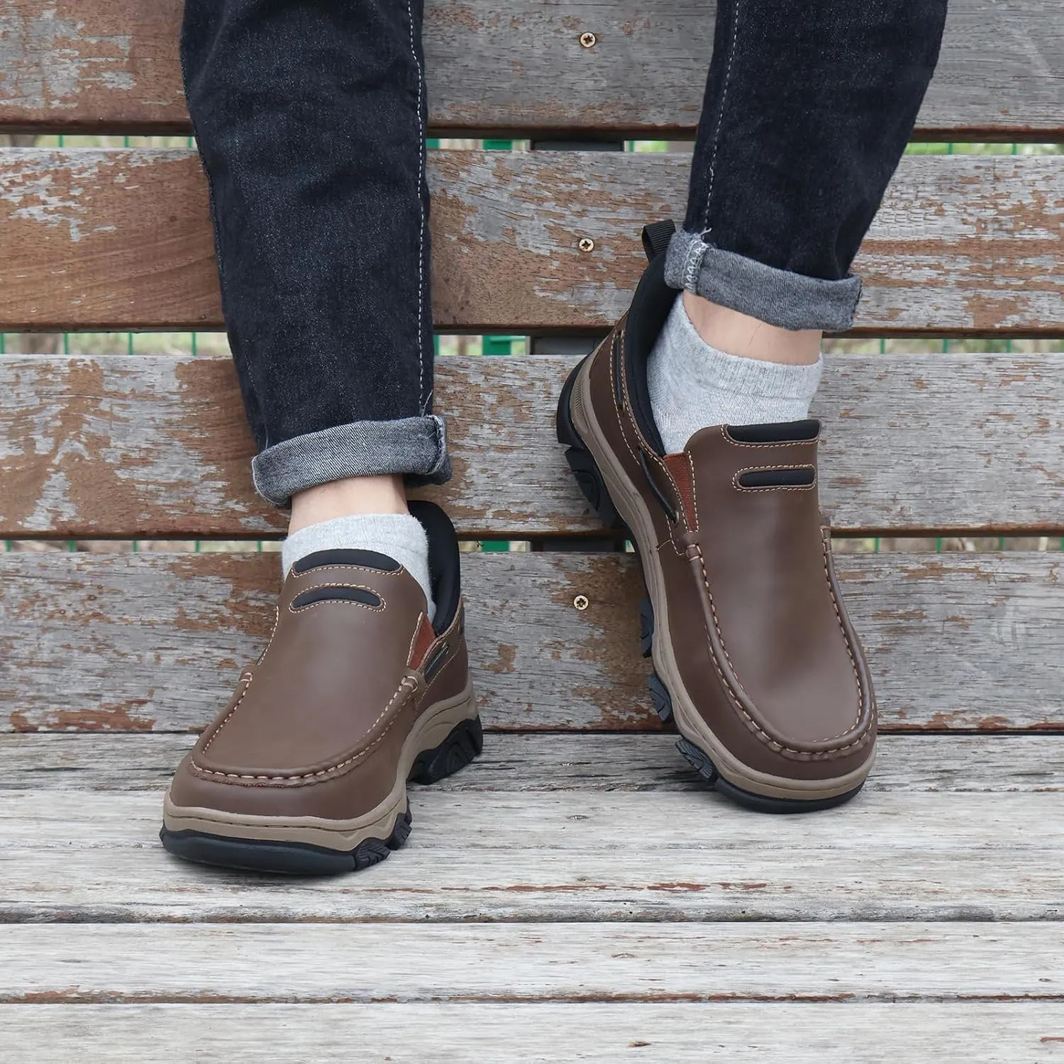Men's Slip On Hands Free Leather Walking Work Loafers Slip-Ins Outdoor Dress Casual Cushioning Shoes