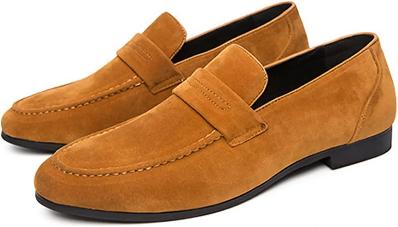 Men's Suede Handmade Low Heel Loafers Fashion Lightweight Round Toe Slip-On Flat Dress Mocassins Leisure Driving Business Penny Loafer