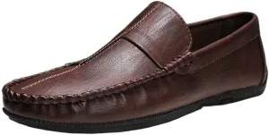 Mens Vegan Leather Loafers Stitching Details Round Toe Moccasins Shoes Flexible Comfortable Lightweight Outdoor Casual Slip-On Shoes