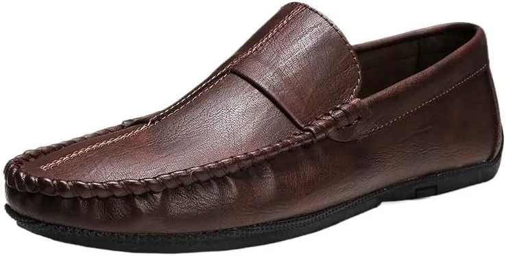 Mens Vegan Leather Loafers Stitching Details Round Toe Moccasins Shoes Flexible Comfortable Lightweight Outdoor Casual Slip-On Shoes