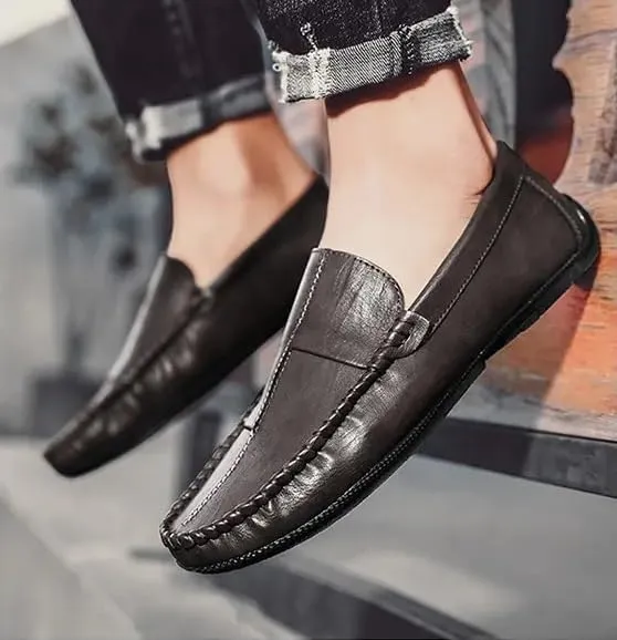 Mens Vegan Leather Loafers Stitching Details Round Toe Moccasins Shoes Flexible Comfortable Lightweight Outdoor Casual Slip-On Shoes