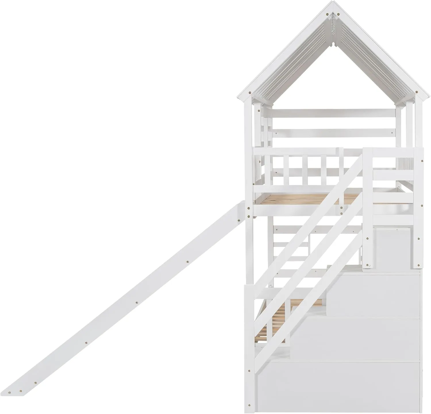 MERITLINE House Bunk Beds Twin Over Twin with Slide, Twin Bunk Bed with Storage Stairs and Trundle, Wood Kids Bunk Bed with Roof and Window Design for Girls, Boys,White