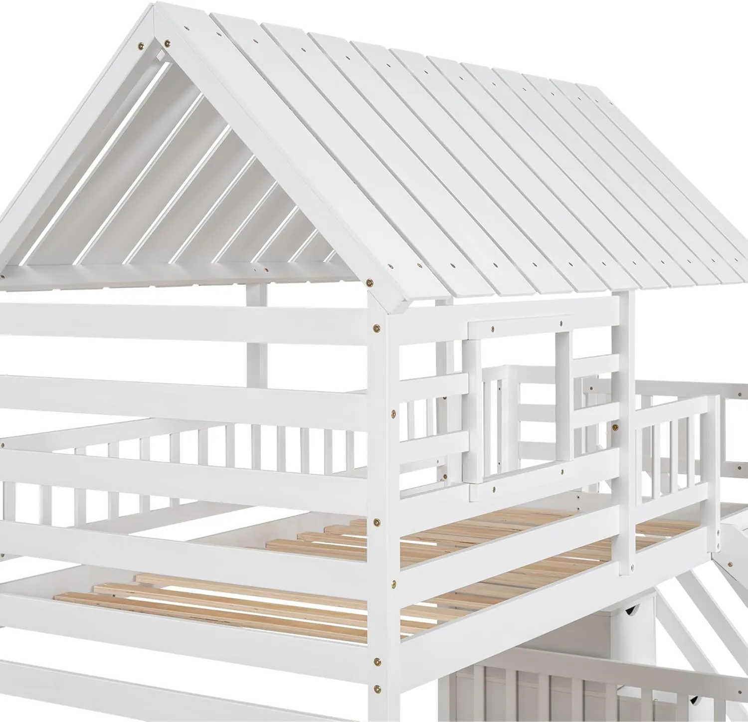 MERITLINE House Bunk Beds Twin Over Twin with Slide, Twin Bunk Bed with Storage Stairs and Trundle, Wood Kids Bunk Bed with Roof and Window Design for Girls, Boys,White