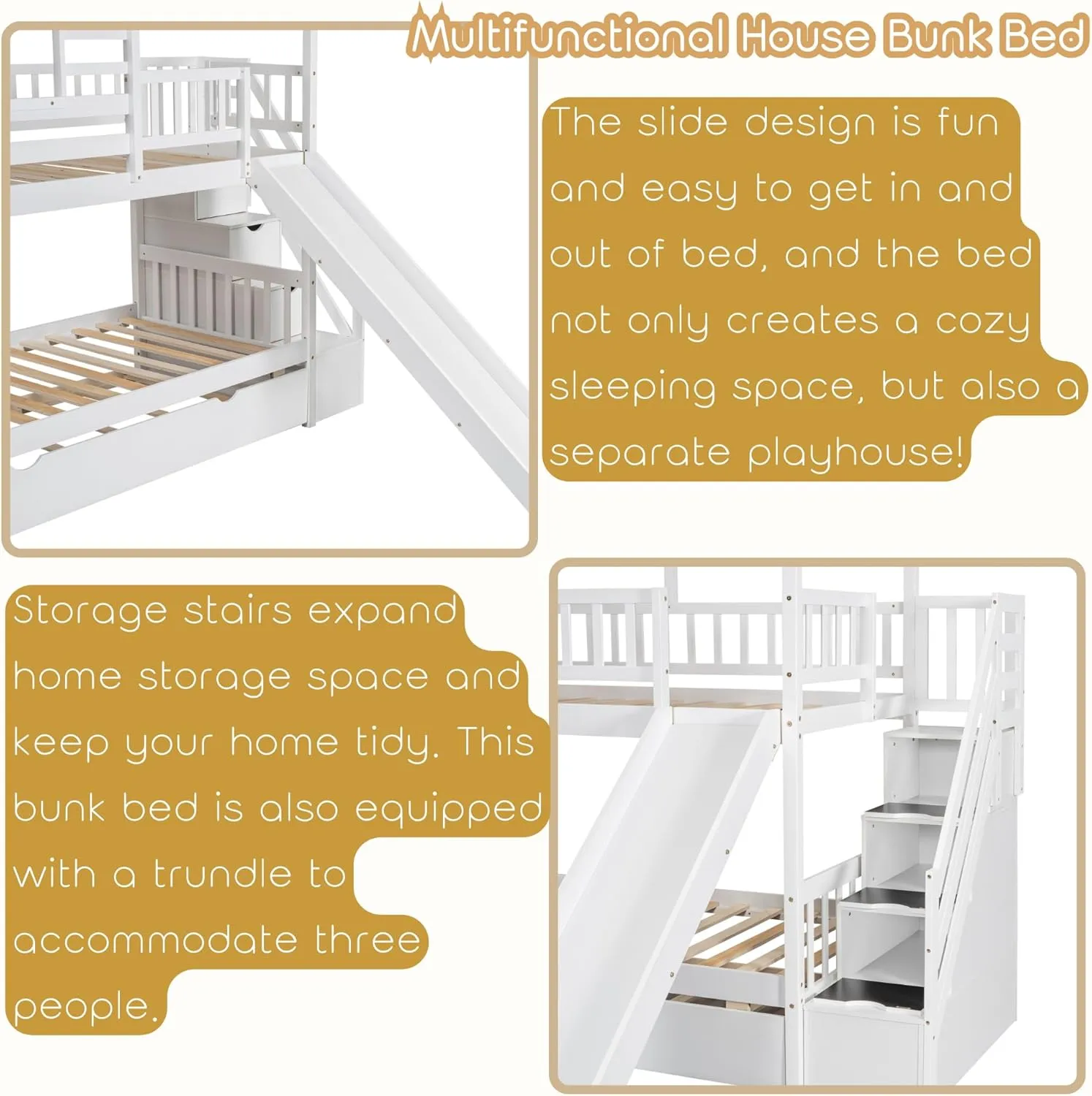 MERITLINE House Bunk Beds Twin Over Twin with Slide, Twin Bunk Bed with Storage Stairs and Trundle, Wood Kids Bunk Bed with Roof and Window Design for Girls, Boys,White