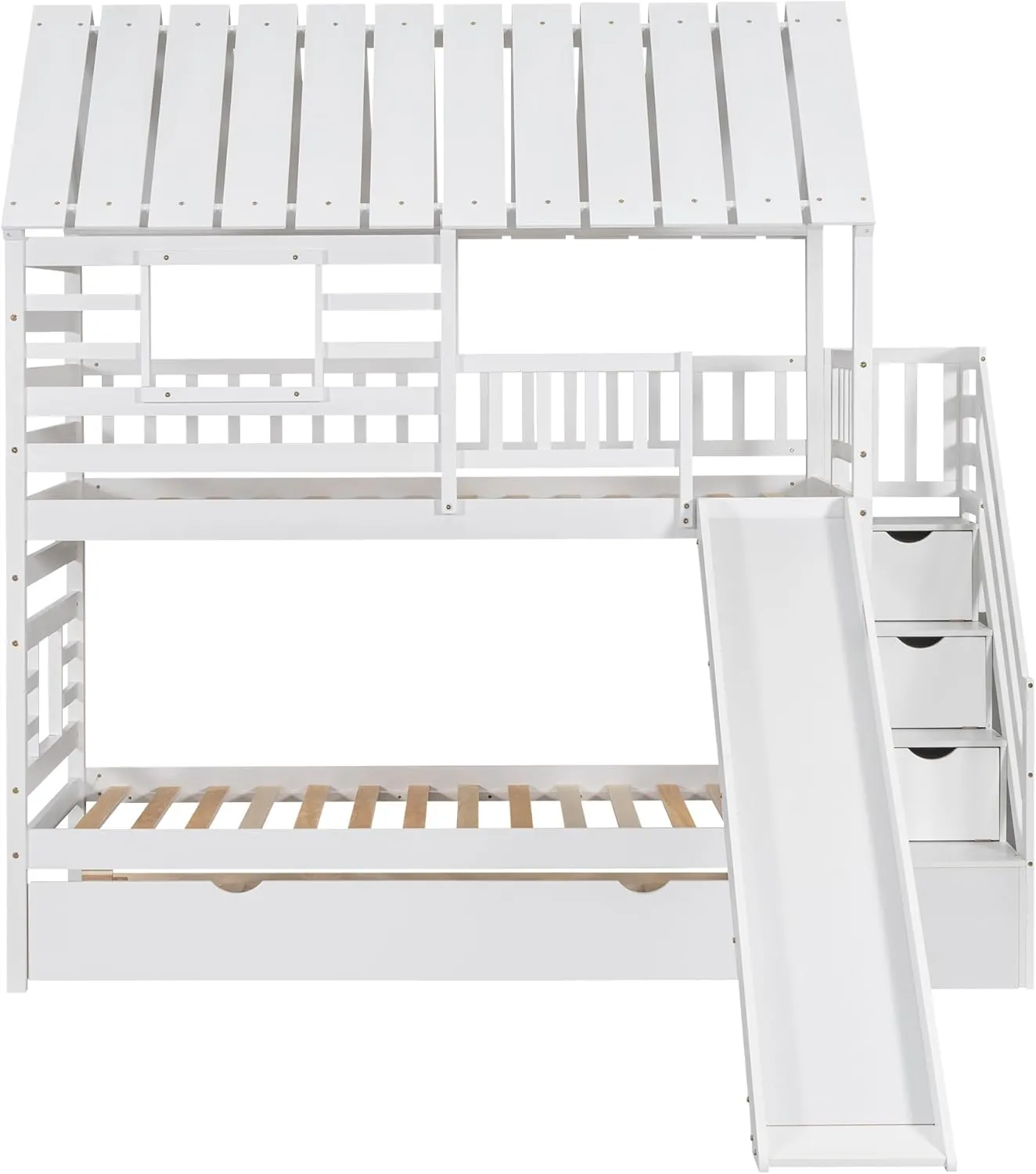 MERITLINE House Bunk Beds Twin Over Twin with Slide, Twin Bunk Bed with Storage Stairs and Trundle, Wood Kids Bunk Bed with Roof and Window Design for Girls, Boys,White