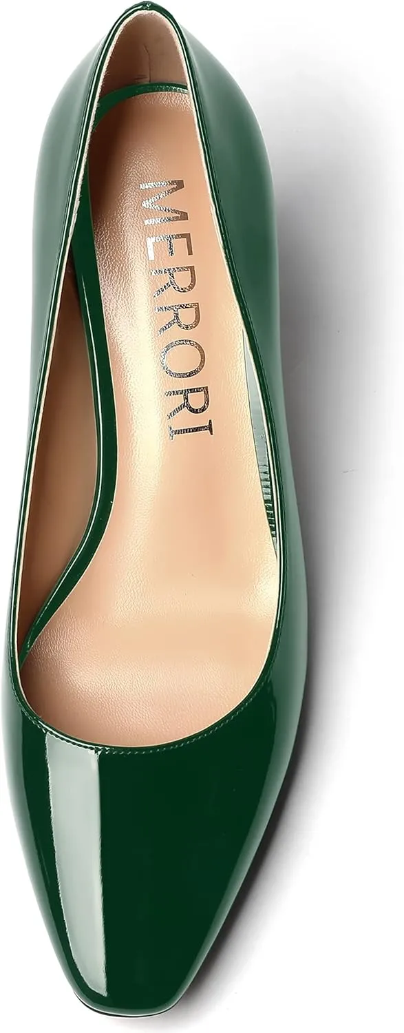 MERRORI Women's Patent Square Toe Slip On Solid Stiletto Mid Heel Pumps Shoes 2.5 Inch