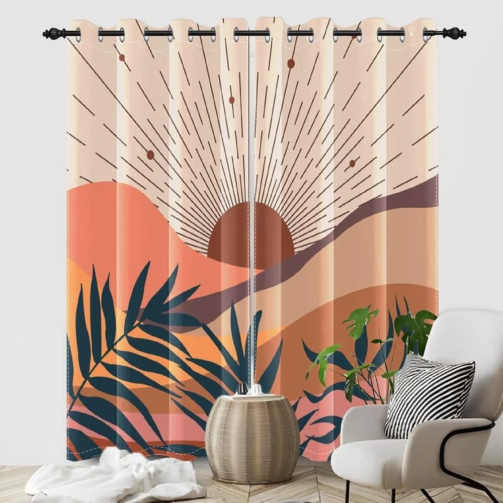 Mid Century Modern Curtains Abstract Sun Mountain Boho Blackout Curtains for Bedroom Living Dining Room Bohemian Style Decor Green Leaves Print Classical Drapes 2 Panel Set,52x84inch