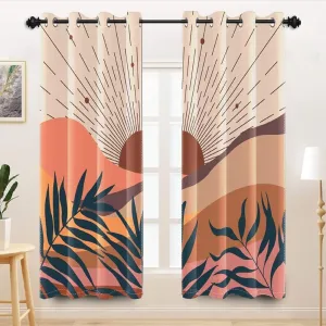 Mid Century Modern Curtains Abstract Sun Mountain Boho Blackout Curtains for Bedroom Living Dining Room Bohemian Style Decor Green Leaves Print Classical Drapes 2 Panel Set,52x84inch