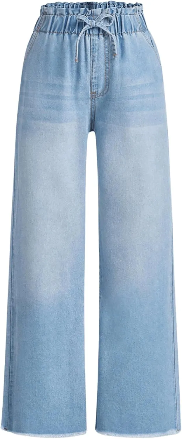 Milumia Girl's Drawstring Paperbag Waist Raw Hem Denim Pants Straight Wide Leg Baggy Jeans