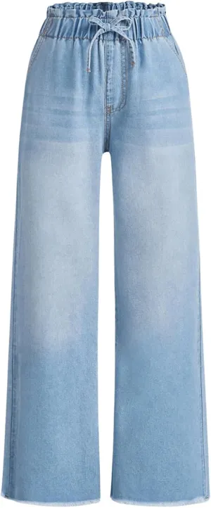 Milumia Girl's Drawstring Paperbag Waist Raw Hem Denim Pants Straight Wide Leg Baggy Jeans