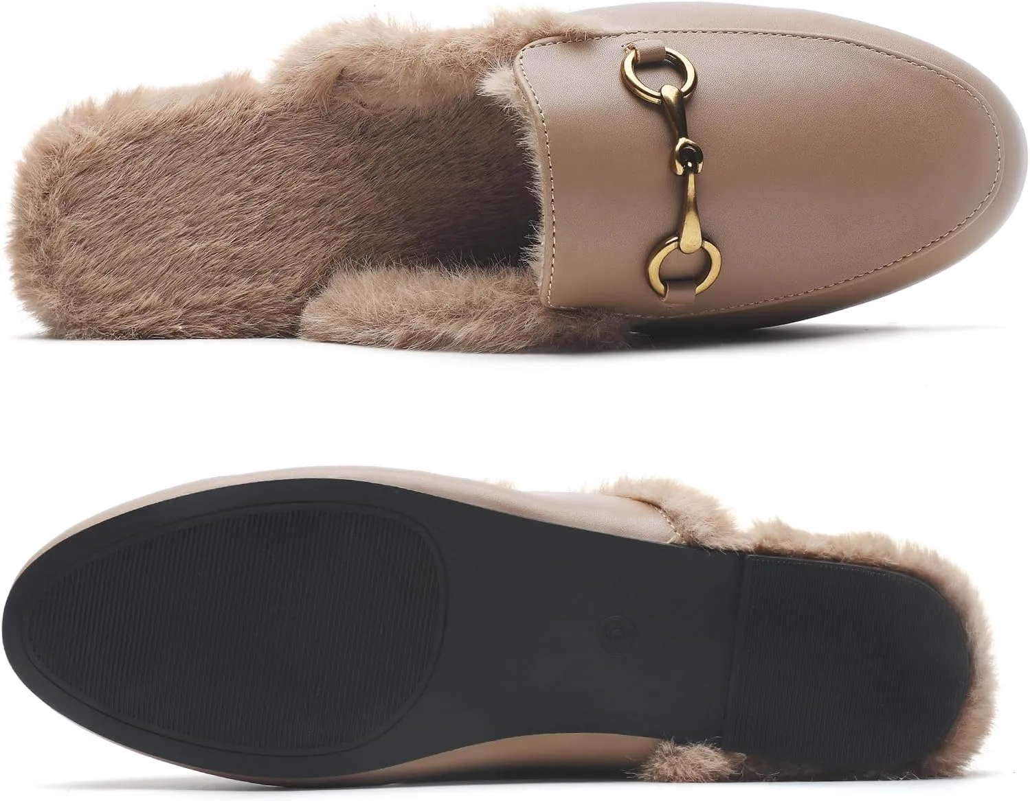 Minorsu Buckle Fur Mules for Women Slip on Loafers Closed Round Toe Backless Flat Mules Comfortable Slides Shoes