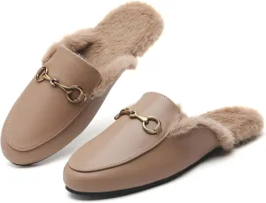 Minorsu Buckle Fur Mules for Women Slip on Loafers Closed Round Toe Backless Flat Mules Comfortable Slides Shoes