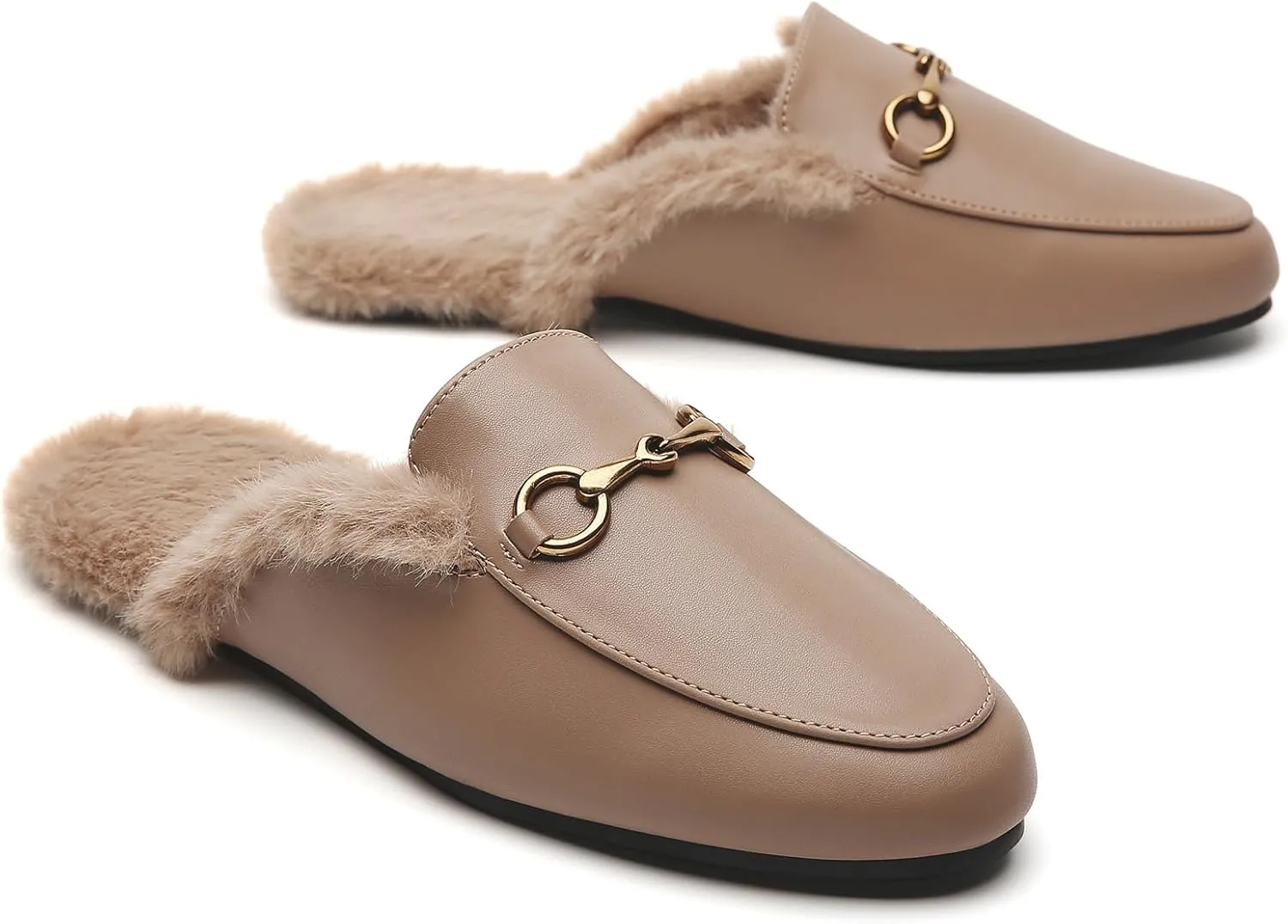 Minorsu Buckle Fur Mules for Women Slip on Loafers Closed Round Toe Backless Flat Mules Comfortable Slides Shoes
