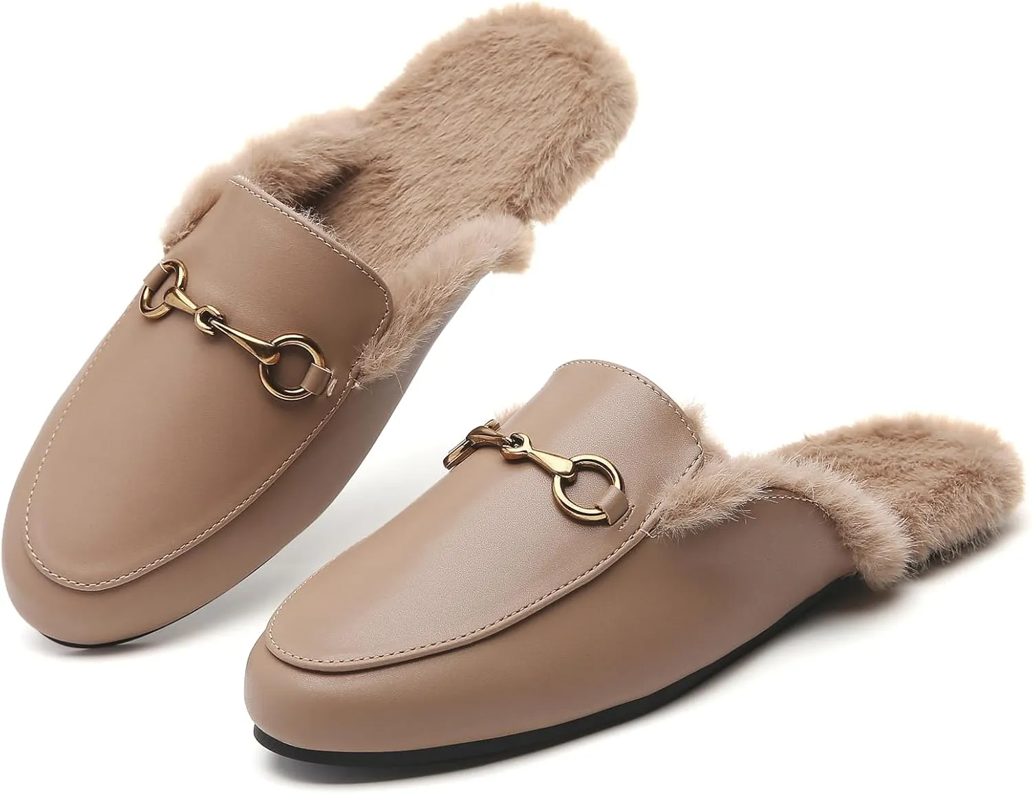 Minorsu Buckle Fur Mules for Women Slip on Loafers Closed Round Toe Backless Flat Mules Comfortable Slides Shoes