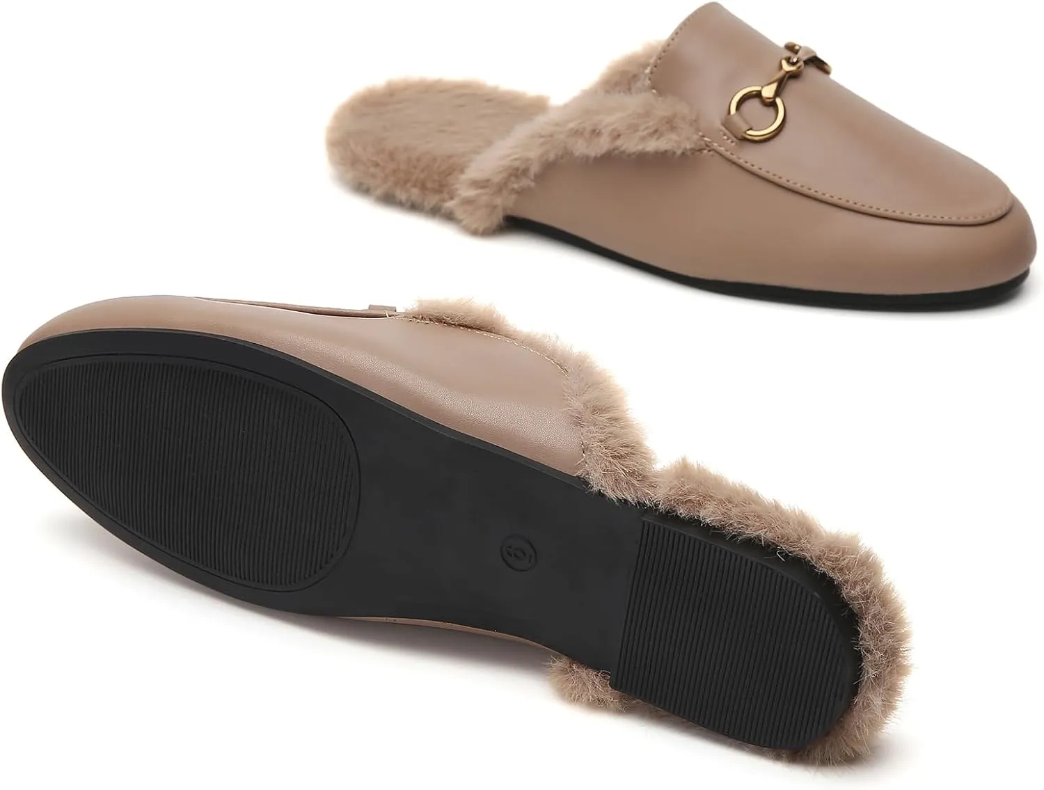 Minorsu Buckle Fur Mules for Women Slip on Loafers Closed Round Toe Backless Flat Mules Comfortable Slides Shoes