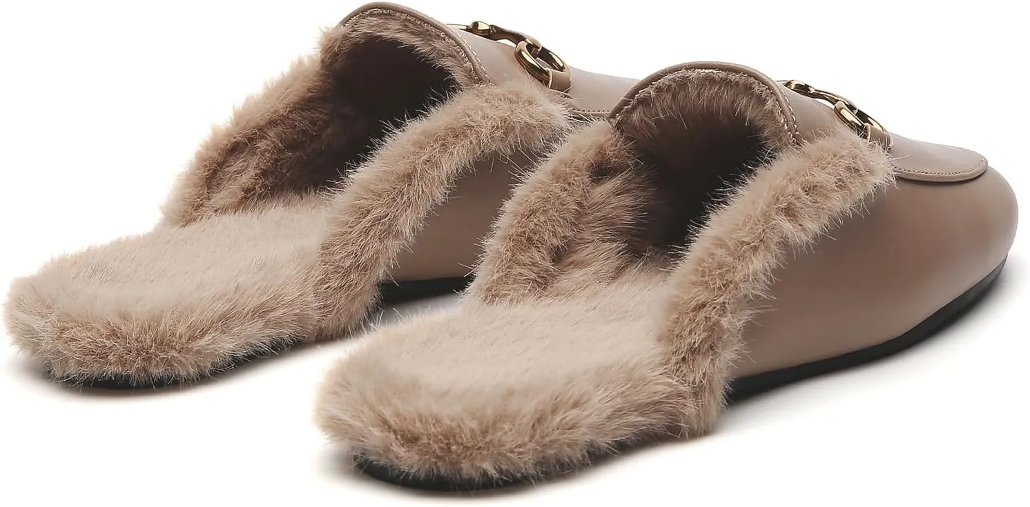 Minorsu Buckle Fur Mules for Women Slip on Loafers Closed Round Toe Backless Flat Mules Comfortable Slides Shoes