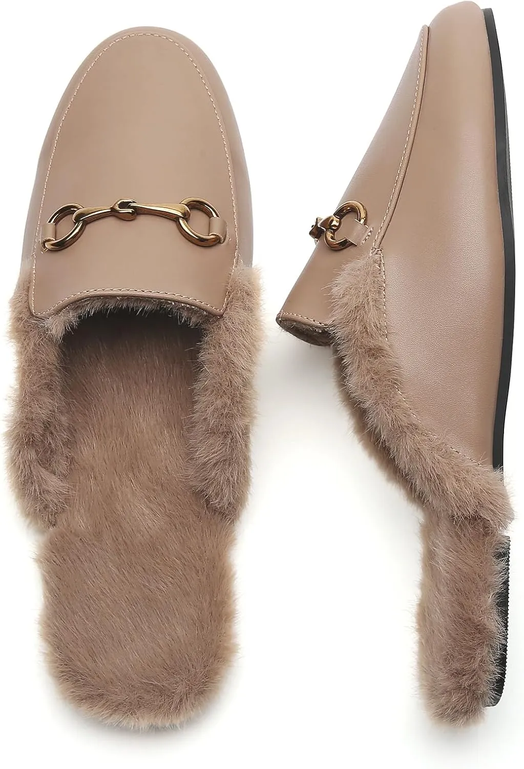Minorsu Buckle Fur Mules for Women Slip on Loafers Closed Round Toe Backless Flat Mules Comfortable Slides Shoes