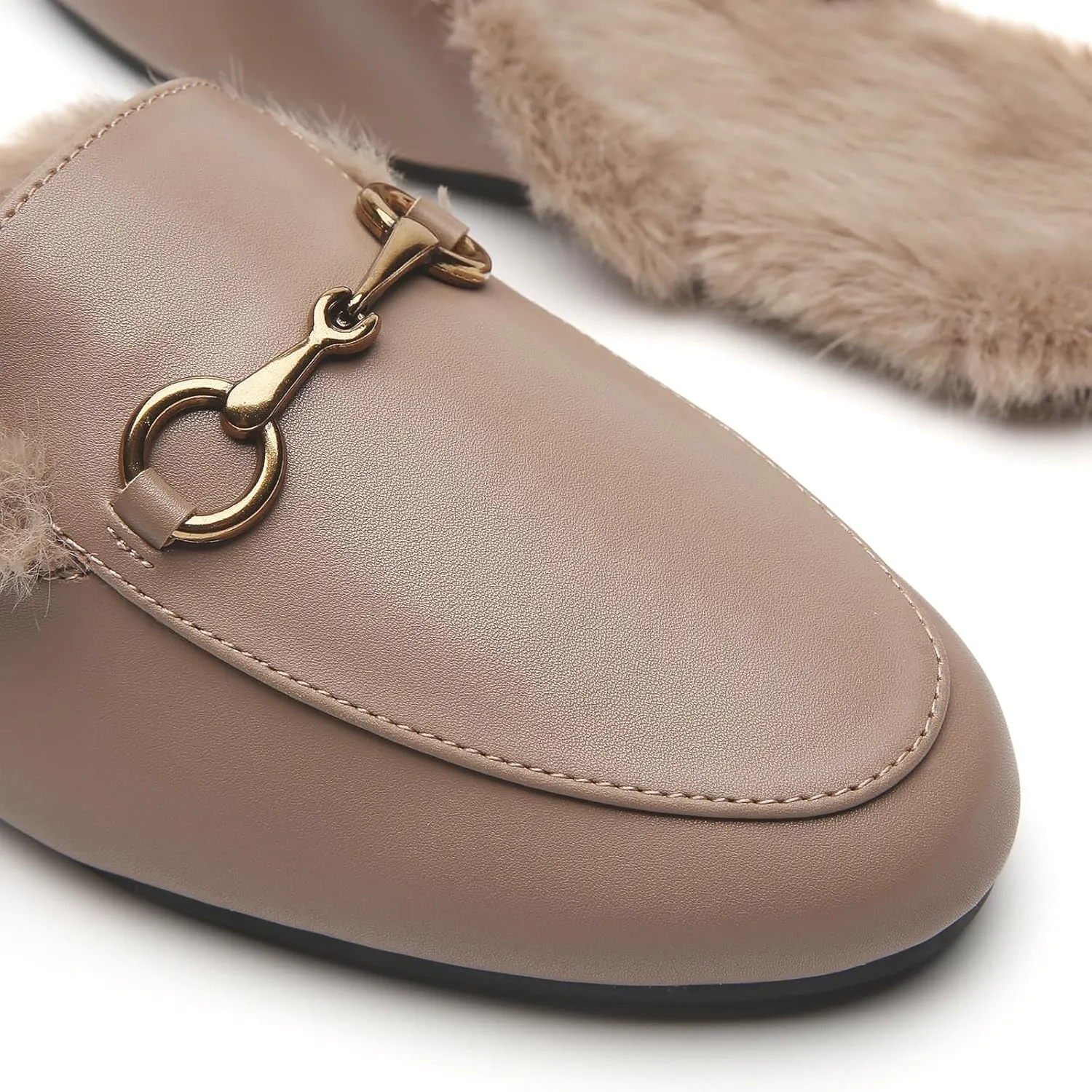 Minorsu Buckle Fur Mules for Women Slip on Loafers Closed Round Toe Backless Flat Mules Comfortable Slides Shoes