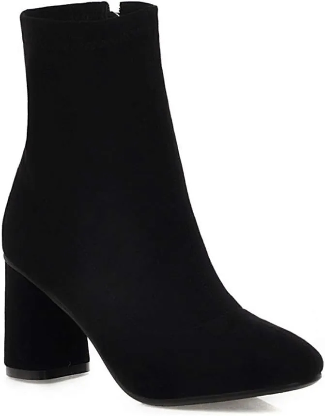 MIOKE Women's Square Toe Stretch Ankle Boots Vegan Suede Zipper Chunky Block High Heel Dressy Short Booties