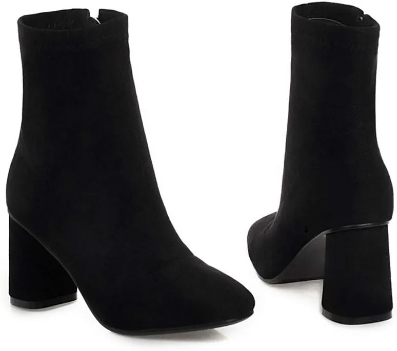 MIOKE Women's Square Toe Stretch Ankle Boots Vegan Suede Zipper Chunky Block High Heel Dressy Short Booties