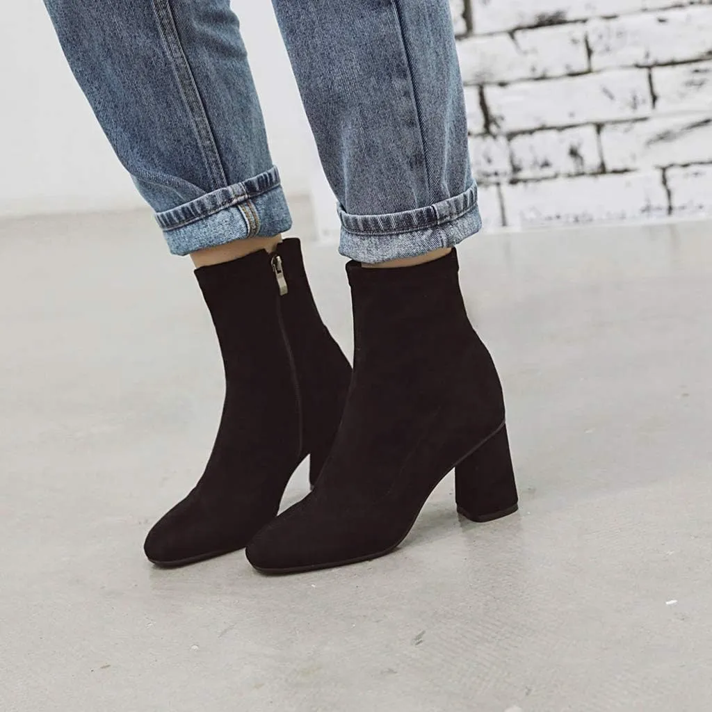 MIOKE Women's Square Toe Stretch Ankle Boots Vegan Suede Zipper Chunky Block High Heel Dressy Short Booties