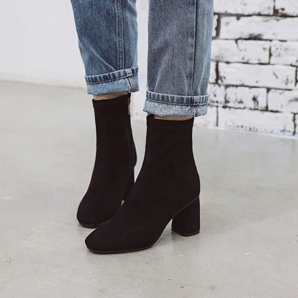 MIOKE Women's Square Toe Stretch Ankle Boots Vegan Suede Zipper Chunky Block High Heel Dressy Short Booties