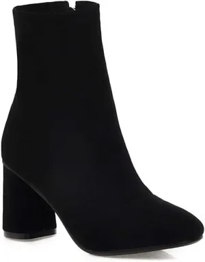 MIOKE Women's Square Toe Stretch Ankle Boots Vegan Suede Zipper Chunky Block High Heel Dressy Short Booties