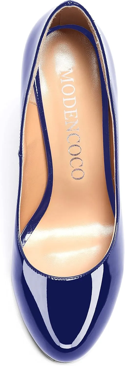 MODENCOCO Women's Slip On Patent Round Toe Stiletto High Heel Pumps Shoes 4.5 Inch